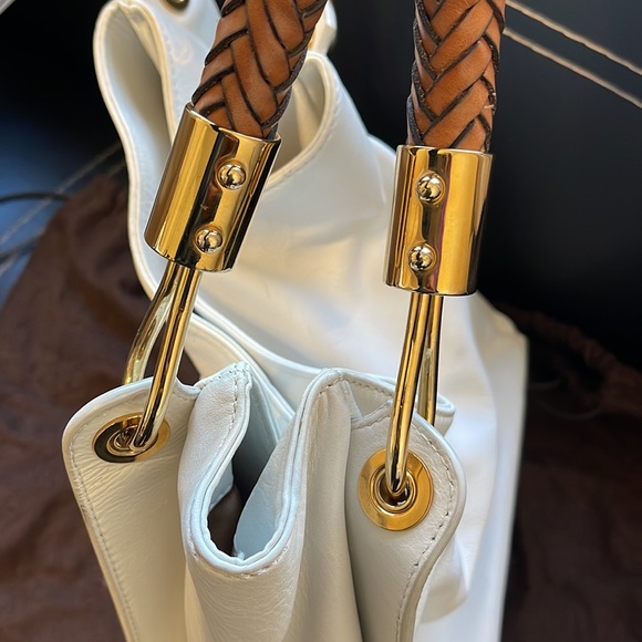 Michael Kors Skorpios White W/Brown Braided Handle Leather Shoulder Bag - Picture 6 of 9